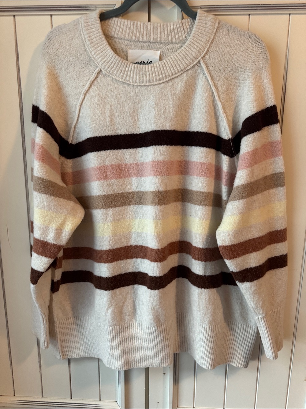 aerie Cream Crewneck Sweater with Brown, Pink & Yellow Stripes